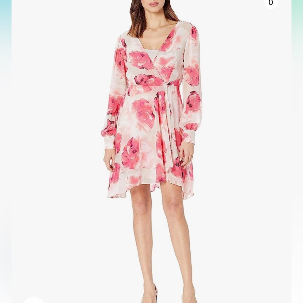 Calvin Klein Women's Long Sleeved V Neck Chiffon Faux Wrap Dress